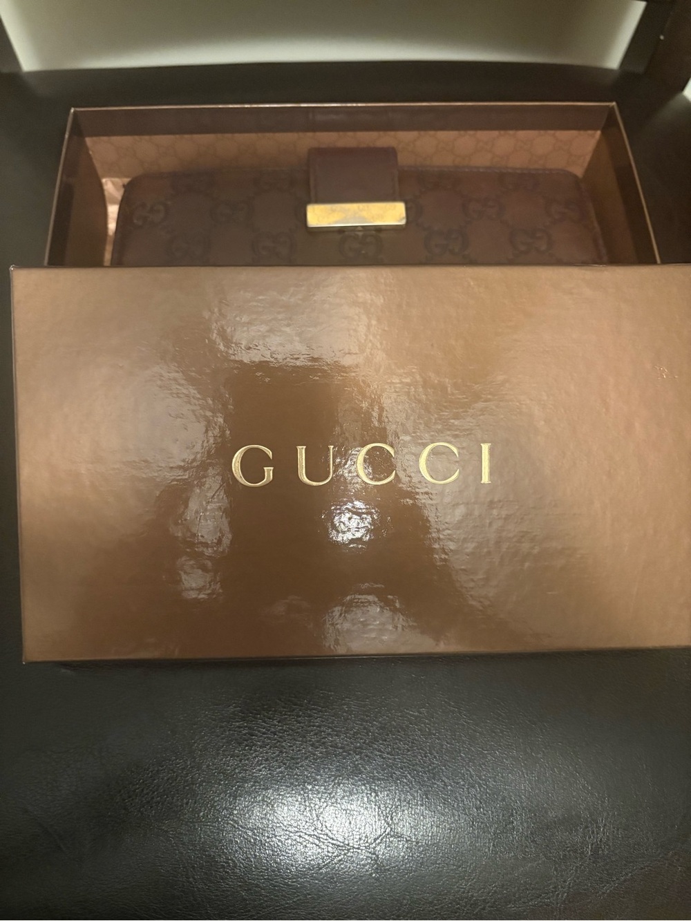 Gucci Burgundy Guccissima Leather Metal Bar Continental Wallet Box